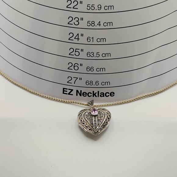 Locket with Marcasite and Pink CZ in Sterling Silver on a 28-in Danecraft Chain - Picture 3 of 7